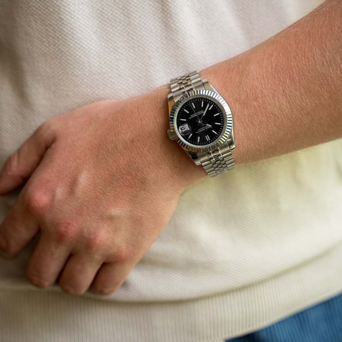 Seiko Mod Datejust Black Dial wrist shot on light sweater showing elegant classic design