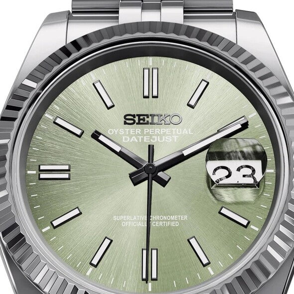 Close-up front view of Seiko Moddys Datejust Mint Green Dial watch with fluted bezel and date magnifier