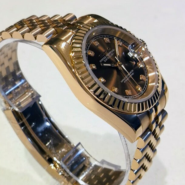 Seiko Mod Datejust rose gold watch with chocolate dial displayed at a left angle