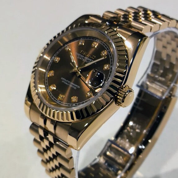 Rose gold Seiko Mod Datejust showing chocolate dial from right side perspective