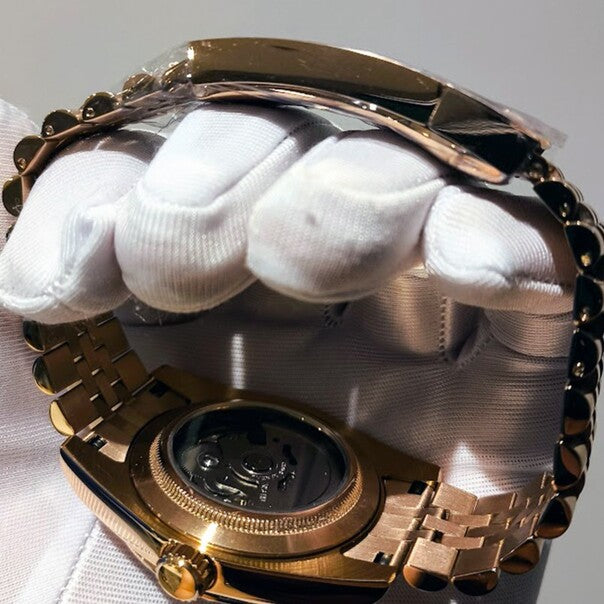 Back view of Seiko Mod Datejust rose gold case showing nh35 automatic movement