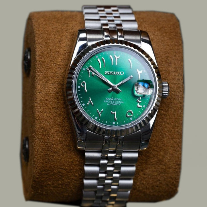 Seiko Mod Datejust Royal Green Arabic timepiece displayed from top view