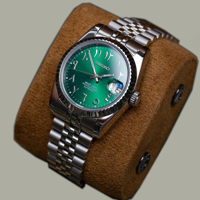 Seiko Mod Datejust Royal Green Arabic right angle perspective on brown cushion