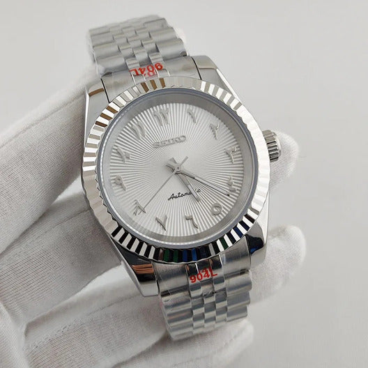 Seiko Mod Datejust White Textured Arabic front view with guilloché dial and fluted bezel.