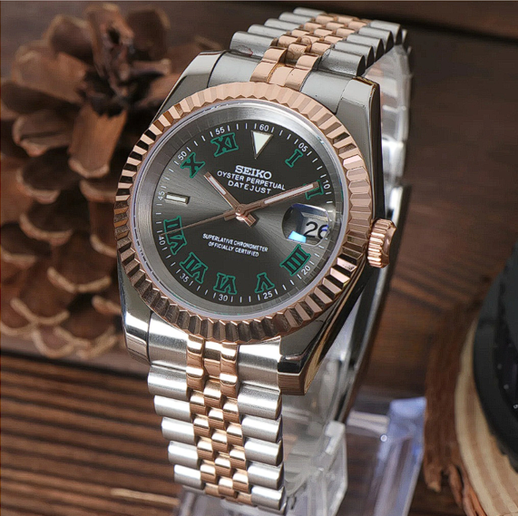 Two tone Jubilee bracelet watch with green Roman dial, Seiko mod Datejust Wimbledon