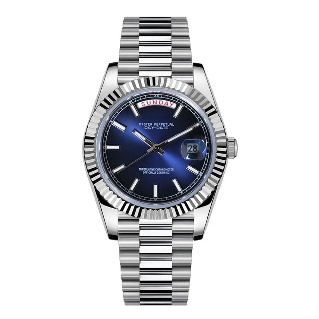 Seiko Mod Day-Date Royal Blue – Automatik Uhr mit blauem Sonnenschliff- Zifferblatt und Wochentagsanzeige