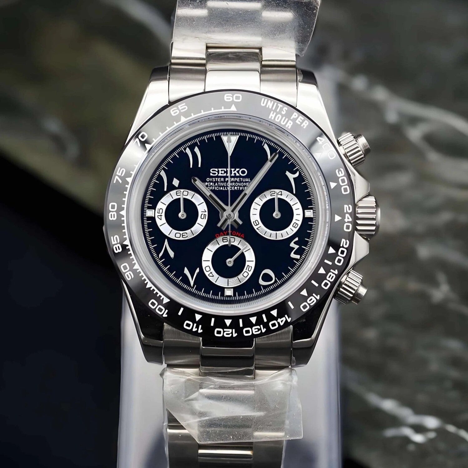 Front view Seiko Mod Daytona Black Arabic with stainless steel case, ceramic bezel and oyster bracelet.