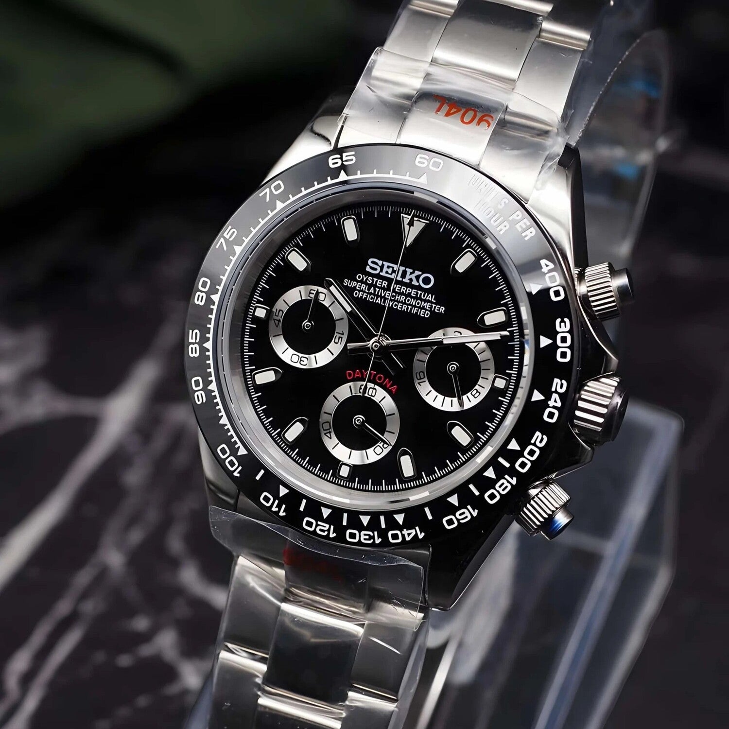 Seiko Mod Daytona Black Panda right side view stainless steel chronograph with black bezel and silver subdials