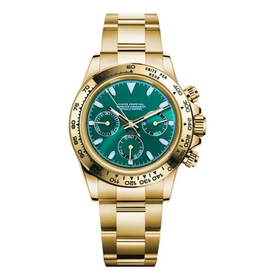 Seiko Mod Daytona Gold Green – Chronograph Uhr mit grünem Zifferblatt und goldener Lünette