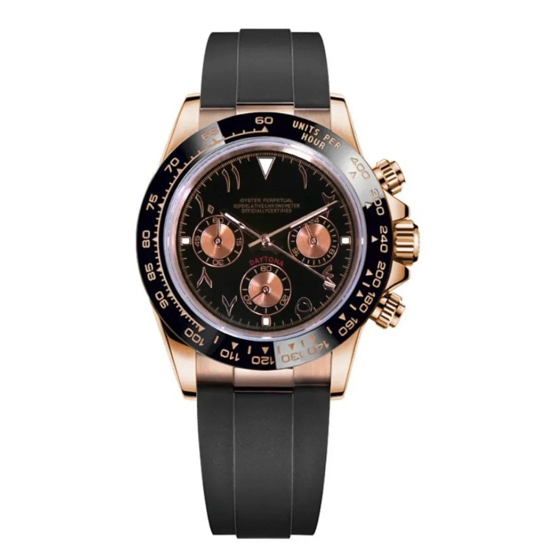 Seiko Mod Daytona Rose Gold Arabic – Chronograph mit schwarzem Zifferblatt und arabischen Ziffern