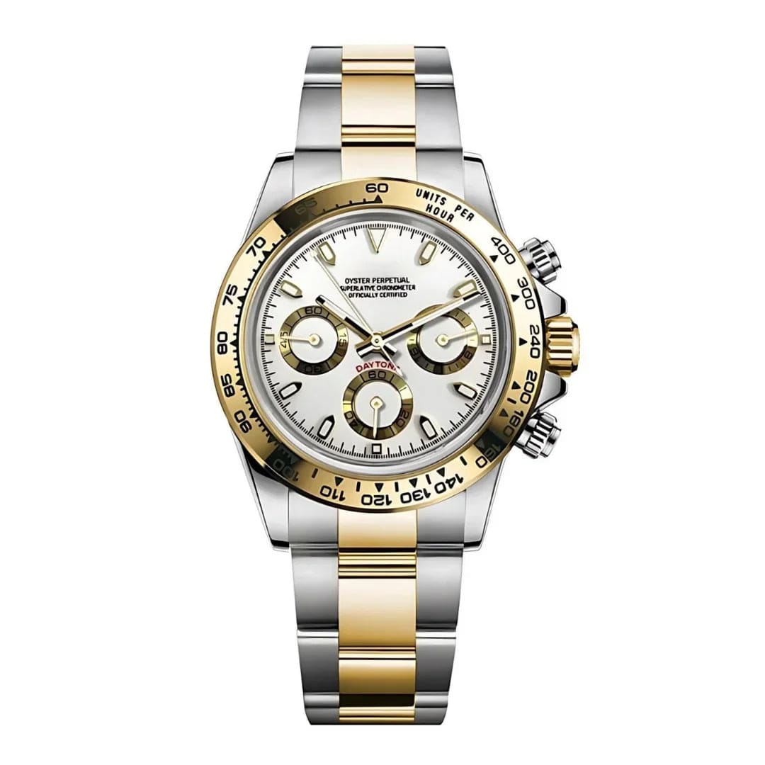 Seiko Mod Daytona Silver Gold White – Zweifarbige Luxusuhr mit weißem Zifferblatt und goldenen Akzenten
