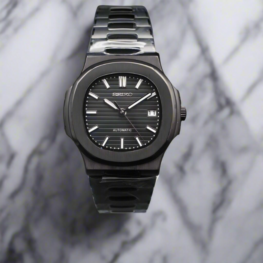 Front view Seiko Mod Nautilus All Black emphasizing symmetry and modern minimalism