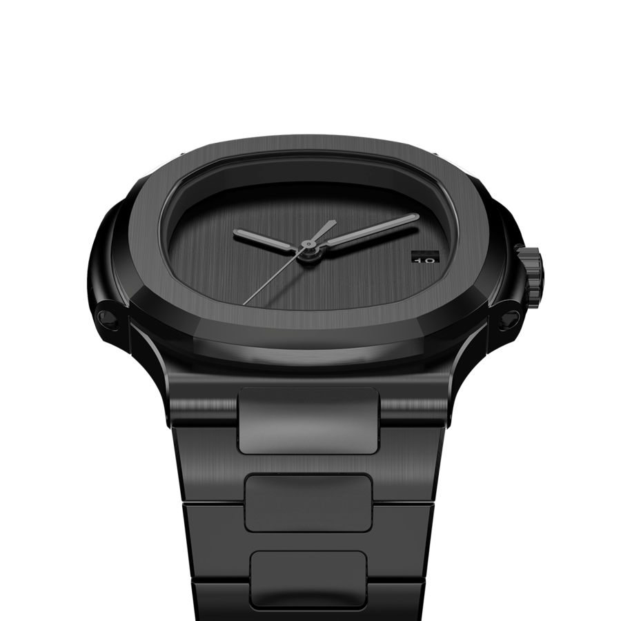Bottom view Seiko Mod Nautilus All Black Minimalist emphasizing case curvature and polished links