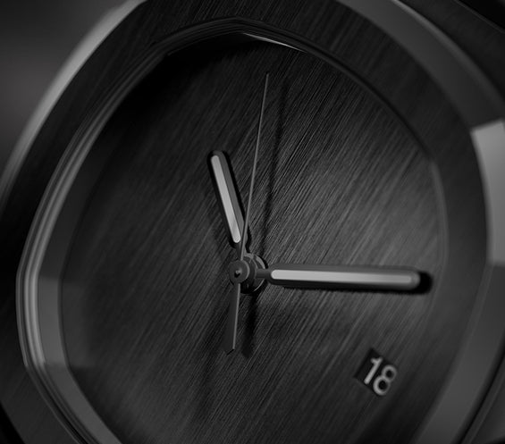 Dial close up Seiko Mod Nautilus All Black Minimalist highlighting brushed texture and simple hands