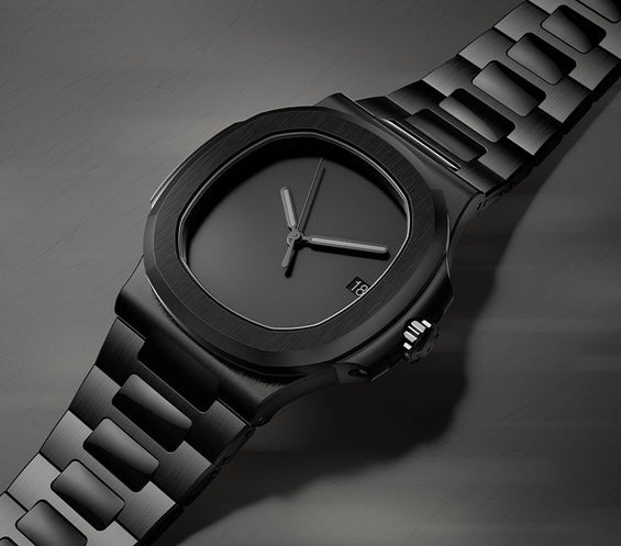 Right angle Seiko Mod Nautilus All Black Minimalist showing crown detail and refined finish