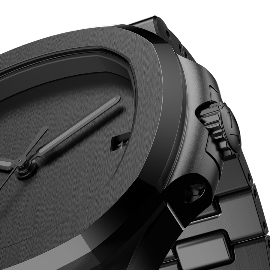 Right angled close up Seiko Mod Nautilus All Black Minimalist emphasizing dial depth and metallic sheen