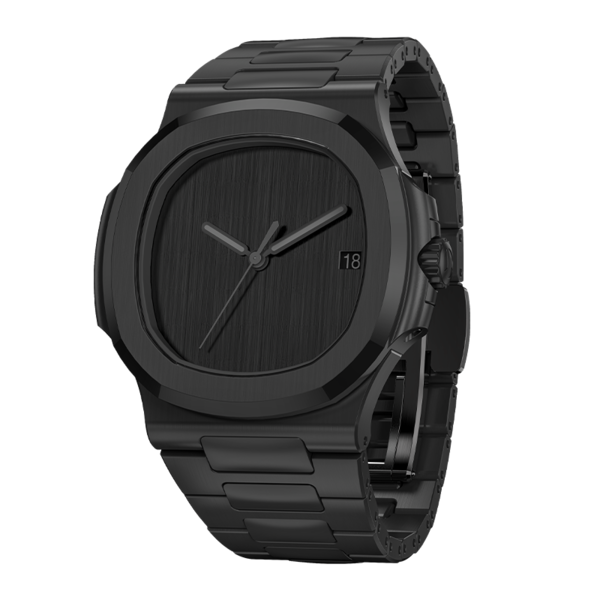 Right angled view Seiko Mod Nautilus All Black Minimalist displaying harmony of bezel and bracelet