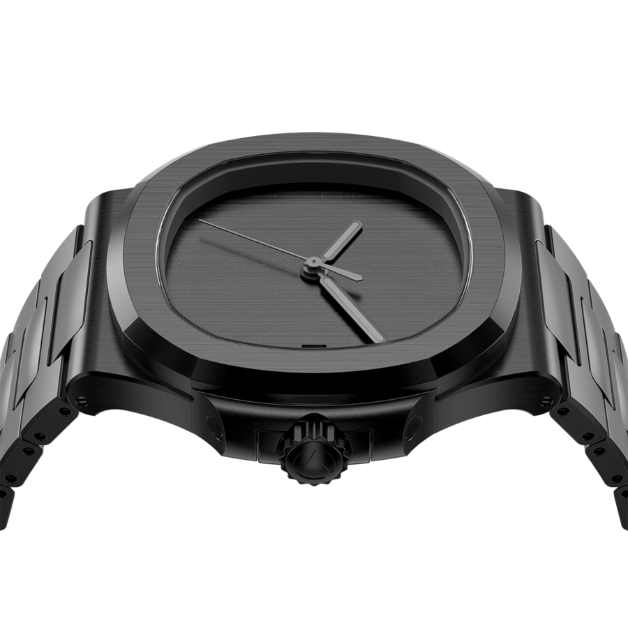 Side view Seiko Mod Nautilus All Black Minimalist showing lugs transition and brushed metal grain