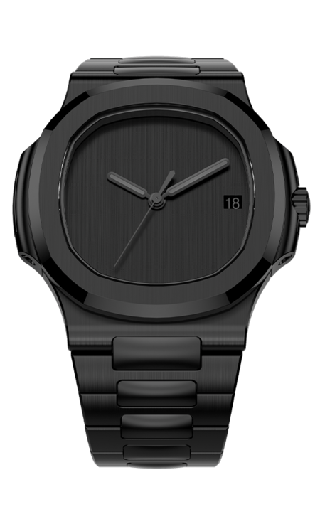 Tilted front view Seiko Mod Nautilus All Black Minimalist highlighting reflections on brushed surface