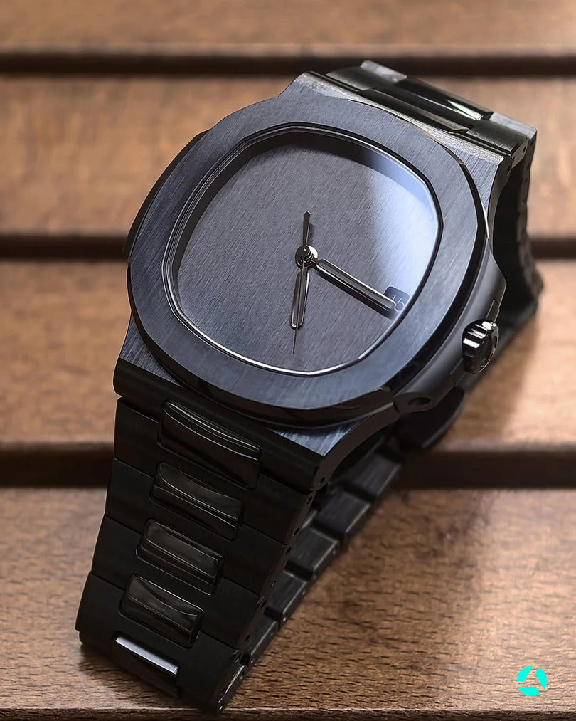 Tilted top view Seiko Mod Nautilus All Black Minimalist capturing design flow and minimalist symmetry