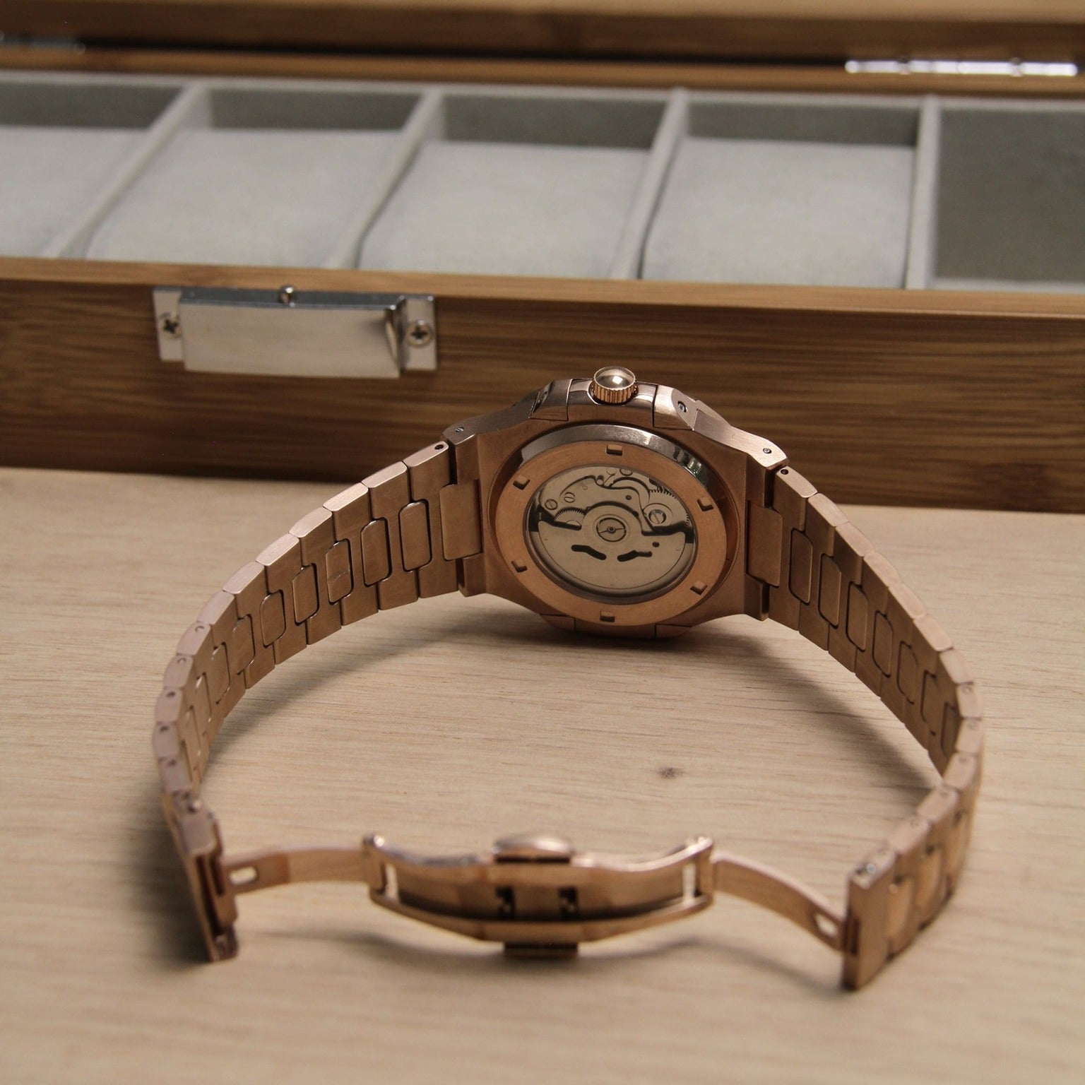 Rear view Seiko Mod Nautilus Chocolate showing transparent case back and automatic rotor