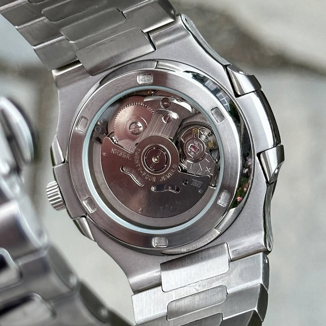 Rear view Seiko Mod Nautilus Tiffany Open Heart showing transparent case back with NH35A movement