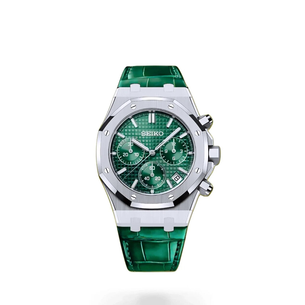 Front view of the Seiko Mod Royal Oak chronograph with emerald green waffle pattern dial, three silver subdials, polished stainless steel case, screw down pushers, and matching green leather strap.