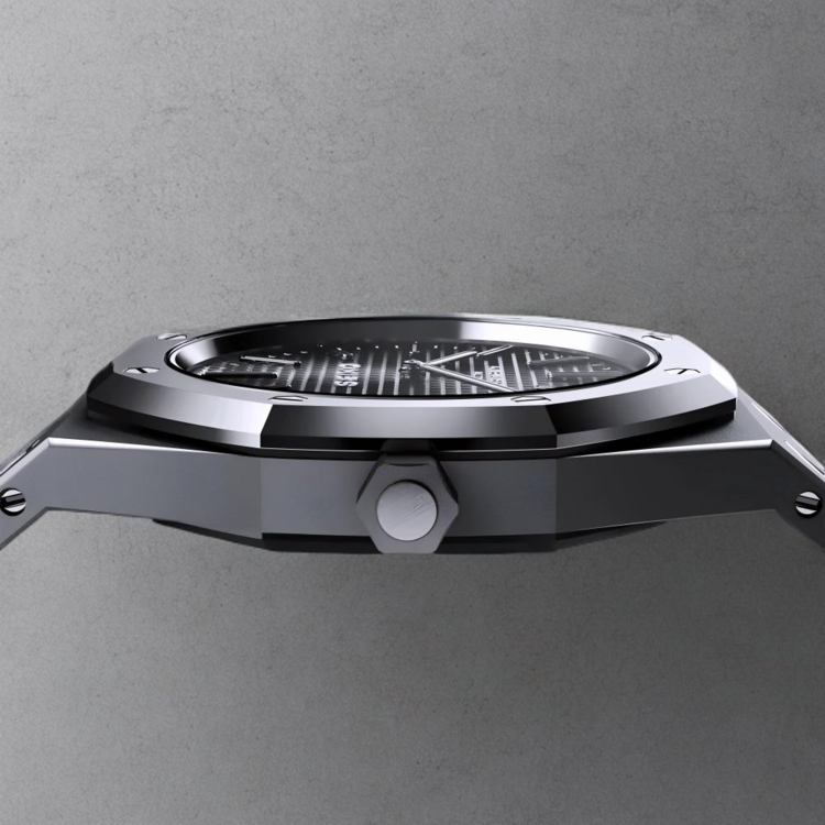 Side profile of Seiko Mod Royal Oak in stainless steel highlighting the slim brushed case, polished bezel and angular crown.