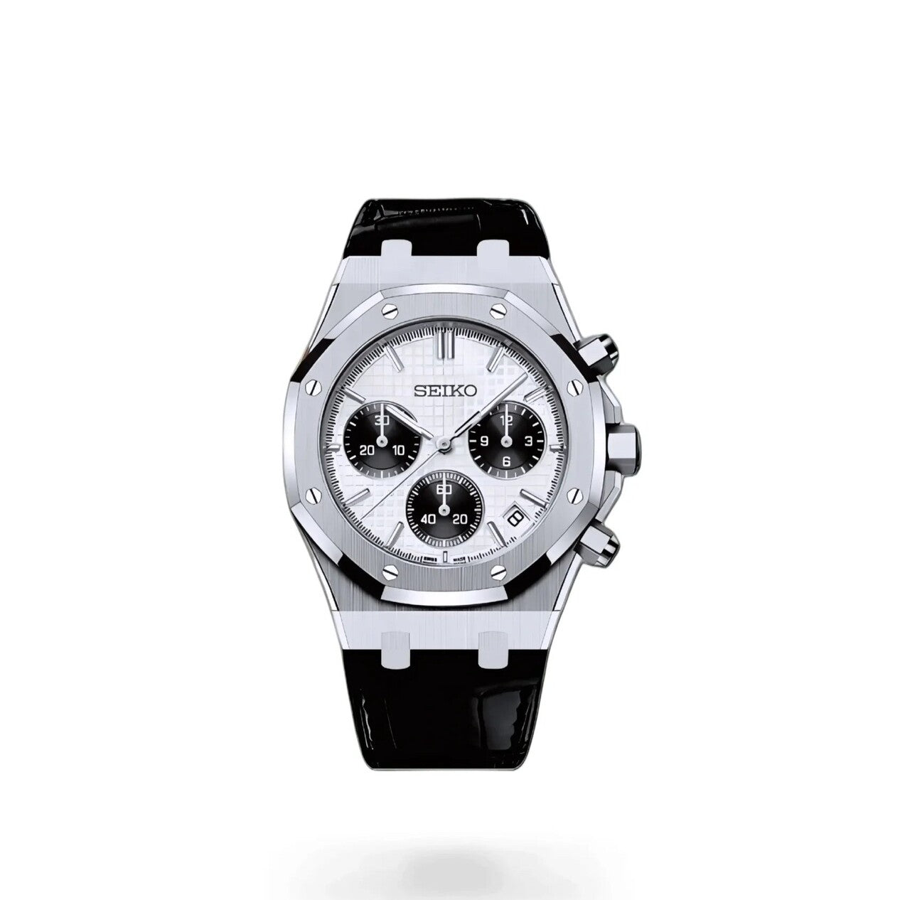 Front view of the Seiko Mod Royal Oak Panda chronograph featuring a crisp white textured dial, three contrasting black subdials, brushed stainless steel octagonal bezel with polished screws, and black leather strap.