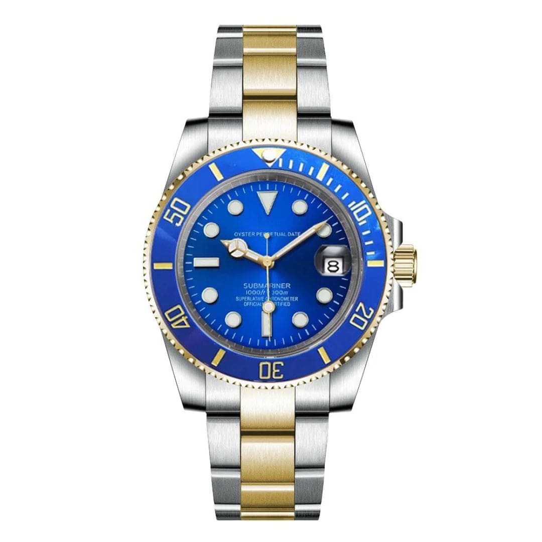 Seiko Mod Submariner Blue – Blaues Zifferblatt und blaue Lünette, Bicolor-Edelstahl und Goldarmband