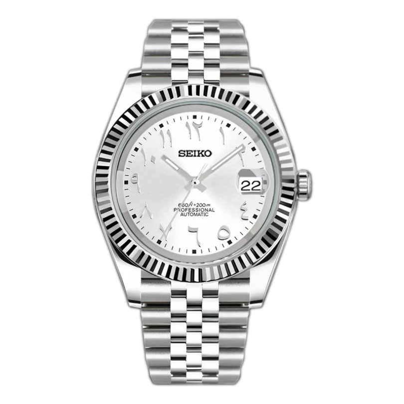 Seiko Moddys Datejust Silver Arabic - silberne Automatik Uhr mit arabischen Ziffern und Datumsanzeige