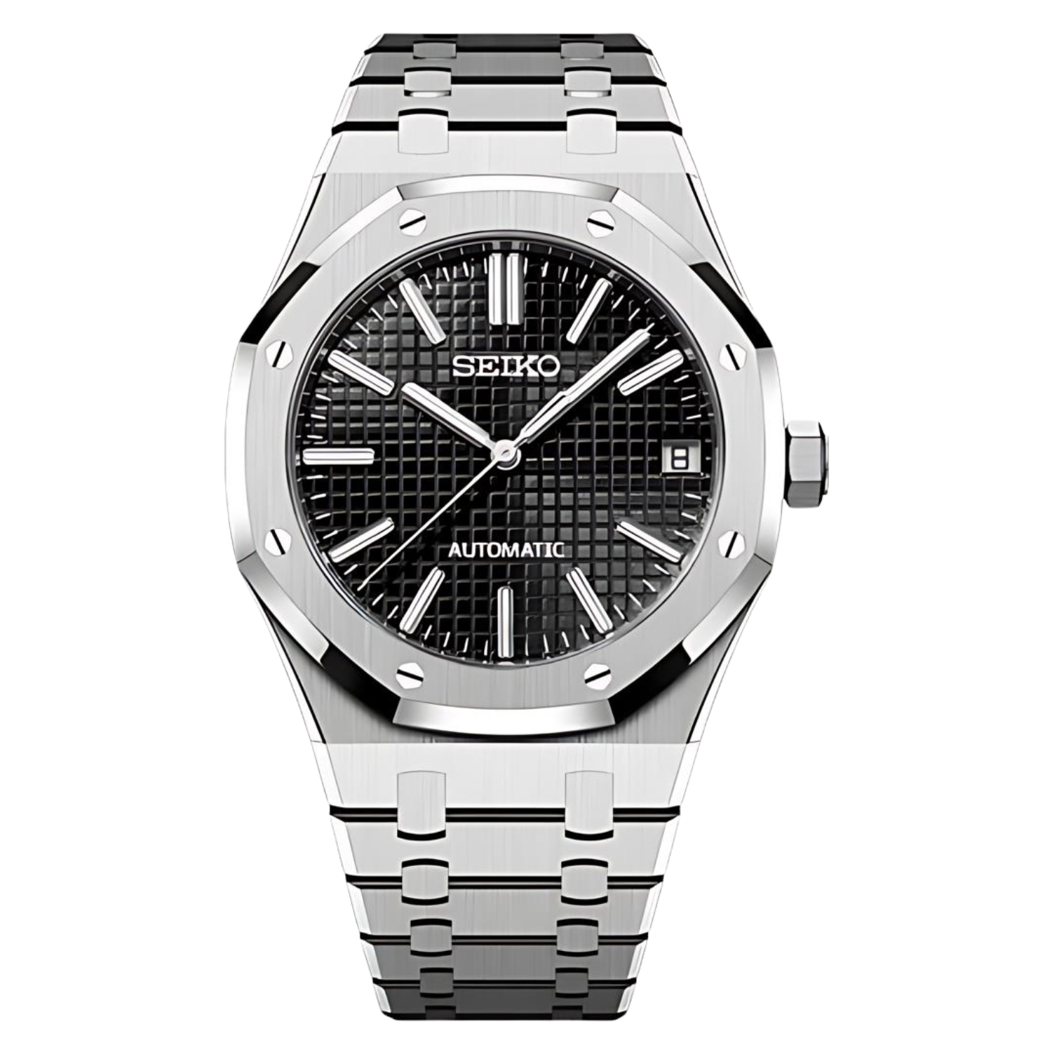 Seiko Moddys Seikoak – exklusive Seiko Mod Automatikuhr mit schwarzem Tapisserie-Zifferblatt, Edelstahlgehäuse und integriertem Edelstahlarmband