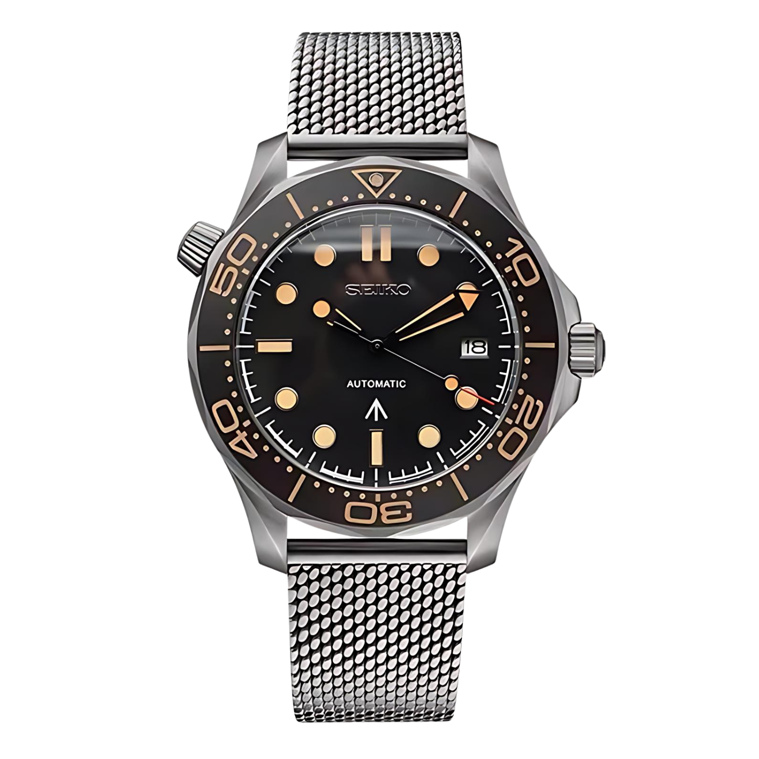 Seiko Moddys Seikomaster – exklusive Seiko Mod Automatikuhr mit schwarzem Zifferblatt, bronzefarbenen Indizes und Edelstahl Mesh Armband