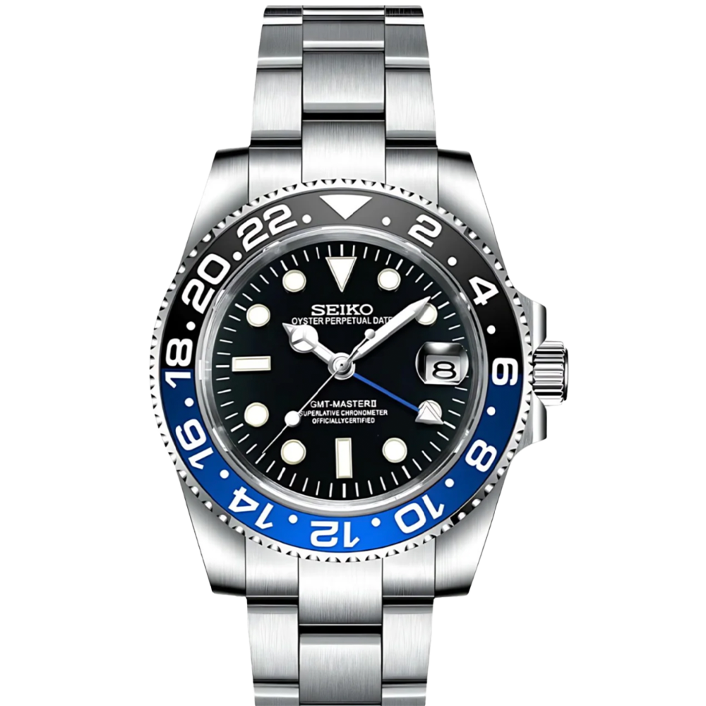 Seiko Mod GMT Batman – Automatik Uhr mit schwarzem Zifferblatt und blau- schwarzer GMT-Lünette