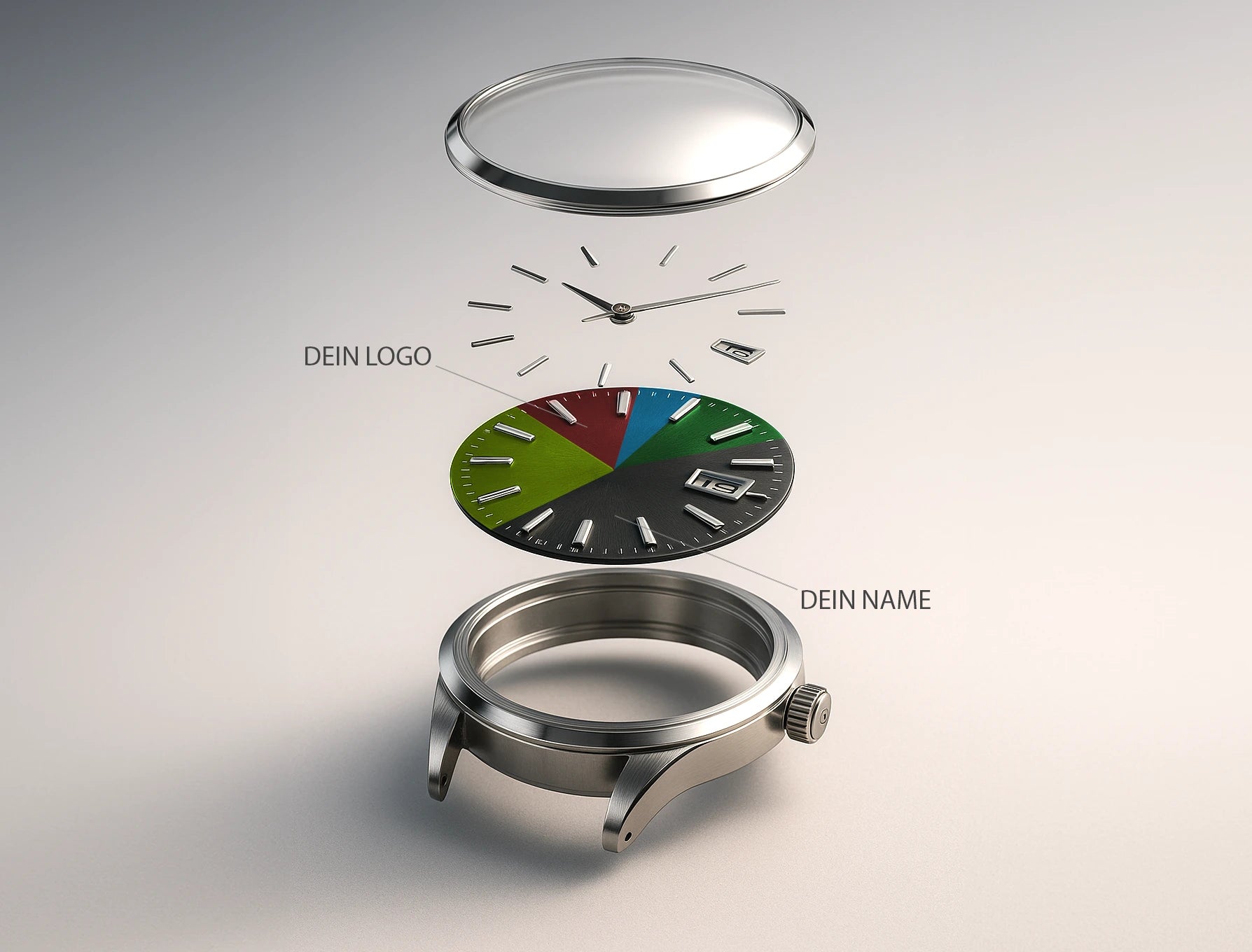 Explosionsdarstellung einer Seiko Mod Uhr, individuell anpassbar mit eigenem Logo, Namen und Zifferblatt-Design.