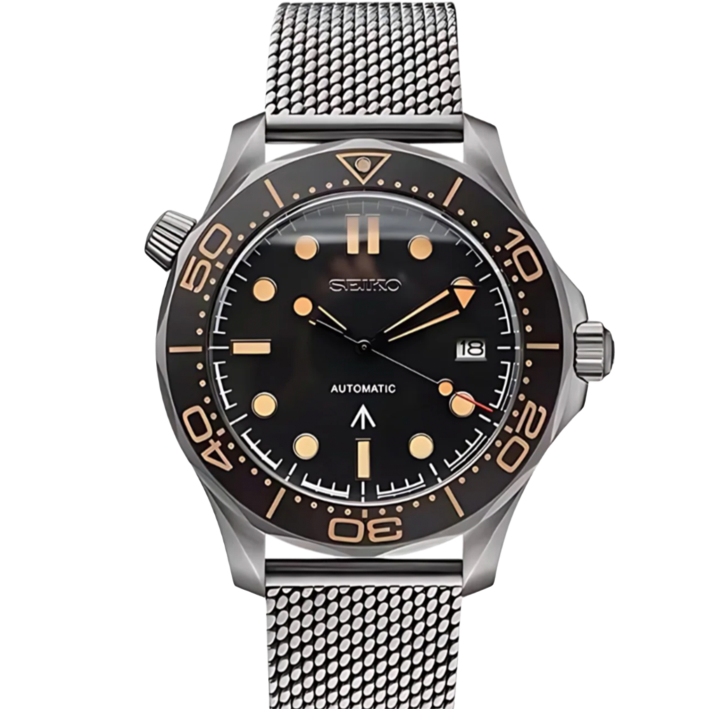 Seiko Mod Seamaster James Bond 007 – Automatik Taucheruhr mit schwarzem Zifferblatt und Mesh-Armband