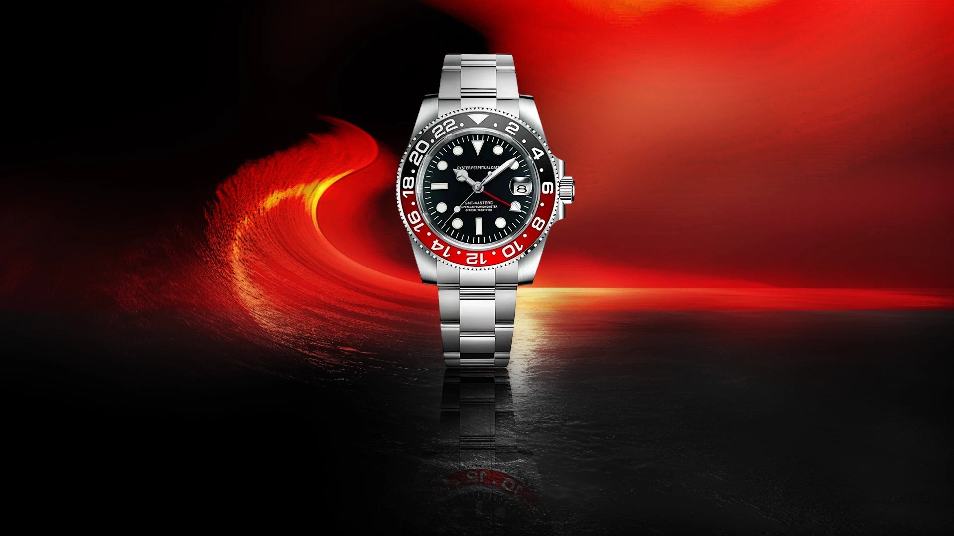 Seiko Mod GMT Uhr im Rot-Schwarz Cokie Stil mit Edelstahlarmband, inspiriert vom GMT Master Design.