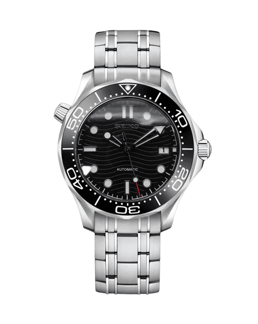 Edelstahl Taucheruhr Seiko Mod Seamaster mit schwarzem Zifferblatt, Wellenmuster und schwarzer Lünette