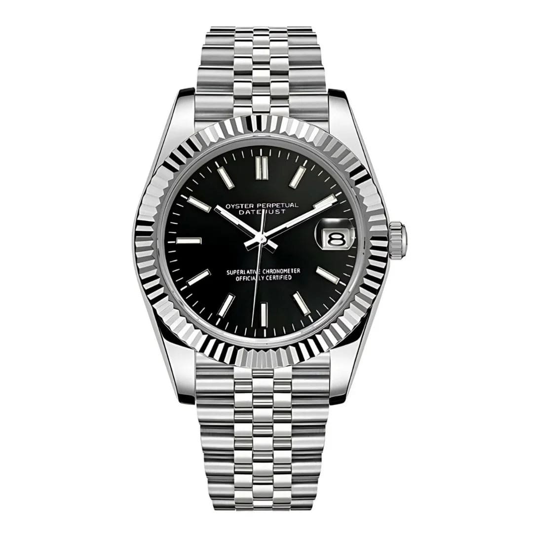 Seiko Mod Seikojust mit schwarzem Zifferblatt, Edelstahlarmband und Datum bei 3 Uhr