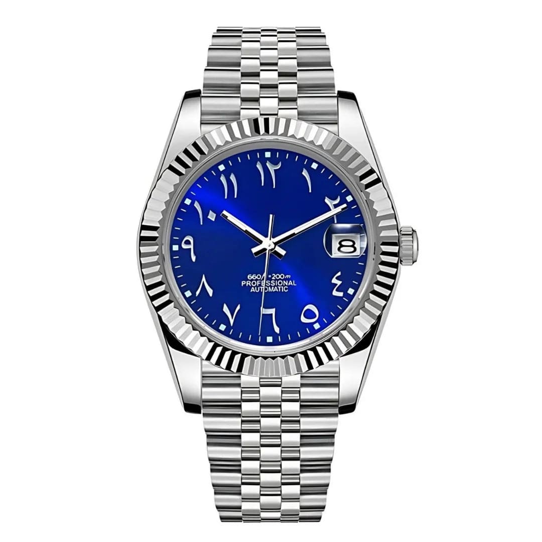 Seiko Mod Seikojust mit königsblauem Zifferblatt, arabischen Ziffern und Edelstahlarmband