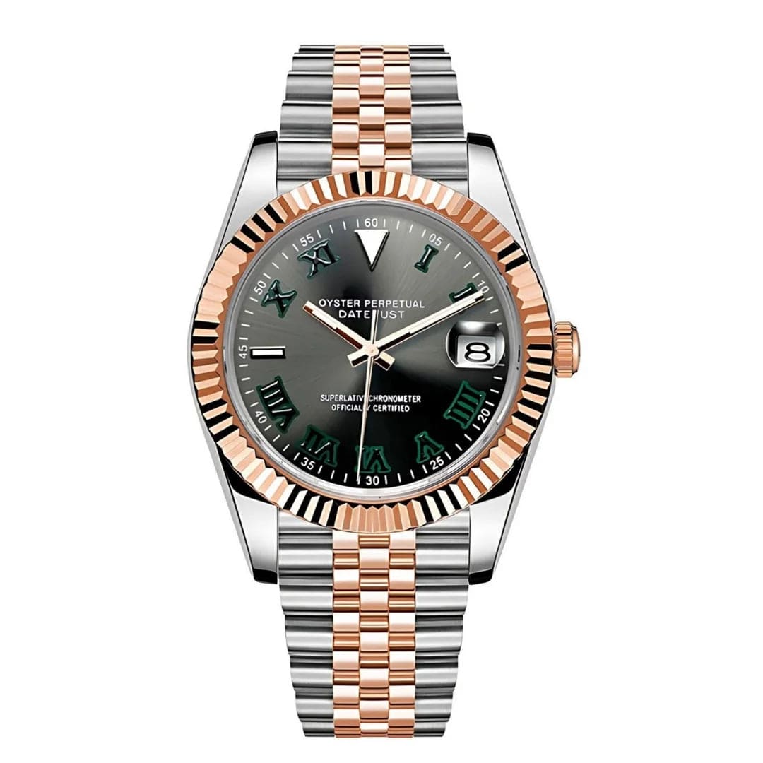 Seiko Moddys Seikojust Wimbledon Two-Tones – Bicolor-Edelstahl und Roségold mit grauem Zifferblatt und grünen römischen Ziffern