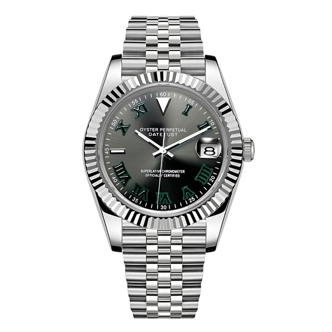 Seiko Mod Seikojust Wimbledon – Edelstahlgehäuse mit grauem Zifferblatt und grünen römischen Ziffern, Jubilee-Armband