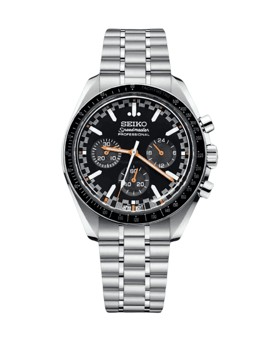 Seiko Mod Speedmaster Black Orange – Schwarzes Zifferblatt mit orangen Akzenten, Chronograph mit Edelstahlarmband
