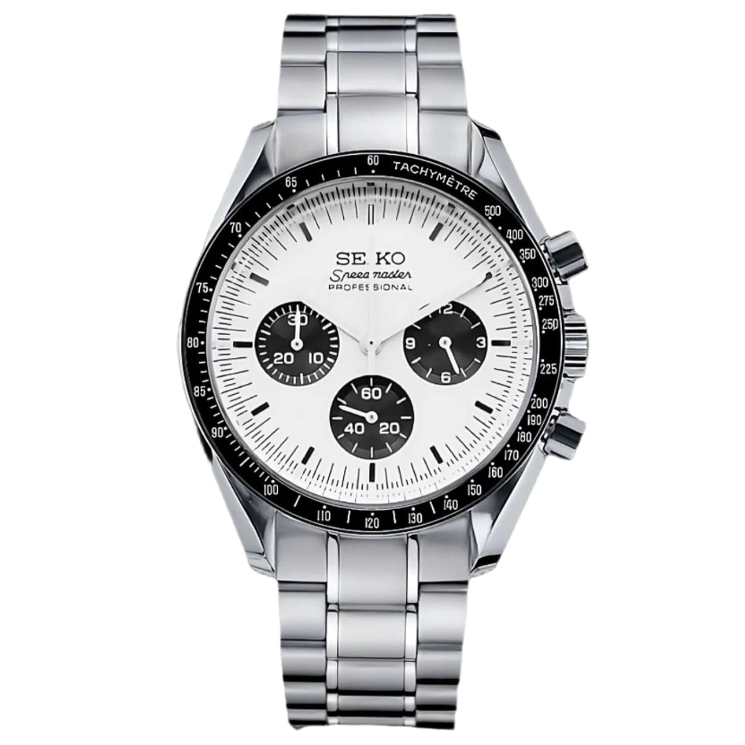 Seiko Mod Speedmaster Panda – Weißes Zifferblatt mit schwarzen Totalisatoren, Edelstahlarmband, Chronograph
