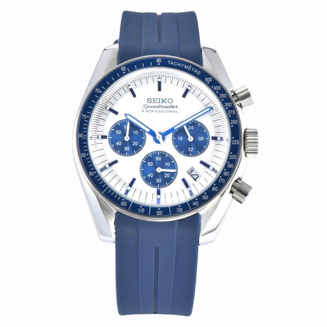 Seiko Mod Speedmaster Snoopy Blue – Weiß-blaues Zifferblatt mit Snoopy-Design, blauer Chronograph mit Kautschukarmband