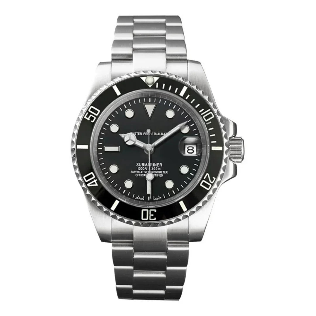 Seiko Mod Submariner Classic Black – Klassisches schwarzes Zifferblatt mit Edelstahlgehäuse und Armband