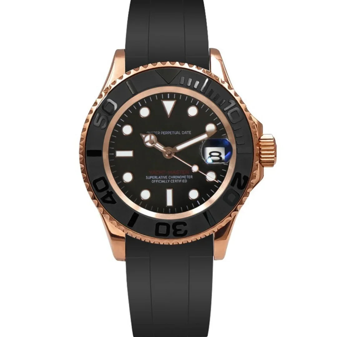 Sportliche Seiko Mod Yachtmaster Roségold mit schwarzer Lünette und Kautschukarmband