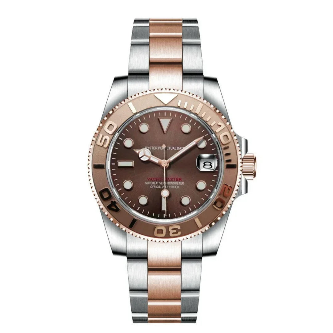Stilvolle Seiko Mod Yachtmaster in Roségold mit braunem Zifferblatt und zweifarbigen Bandgliedern