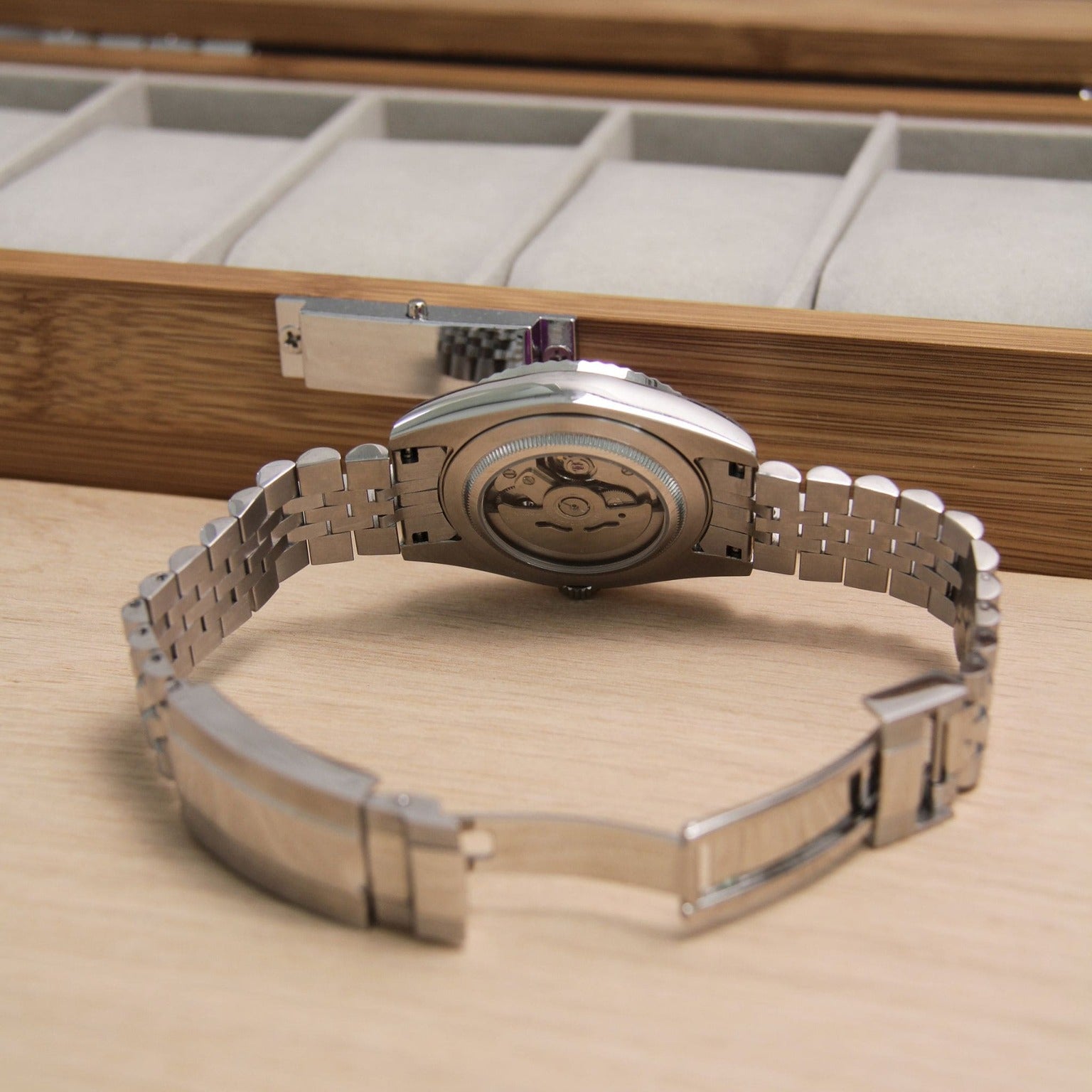 Rear movement view of Seiko Moddys Datejust Black Arabic showing NH35 automatic caliber through caseback