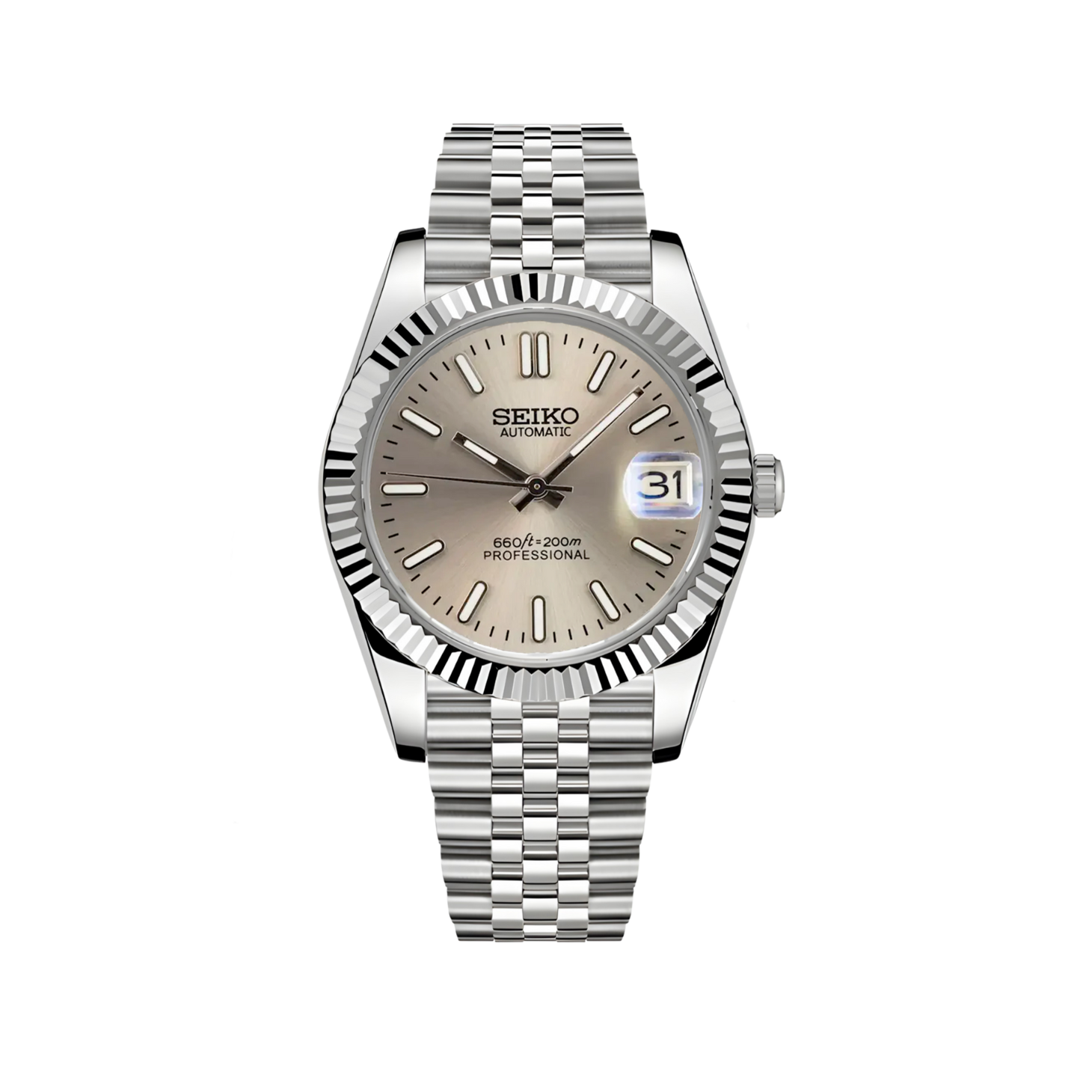Seiko Mod Datejust with champagne dial and fluted bezel captured front view under studio lighting